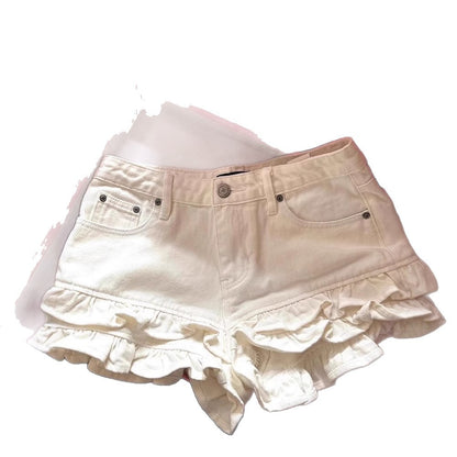 White Ruffled Panel Denim Shorts - T&amp;A enterprises