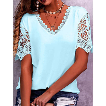 Lace Tops Women Summer Loose V Neck Short Sleeve Casual Shirts - T&amp;A enterprises