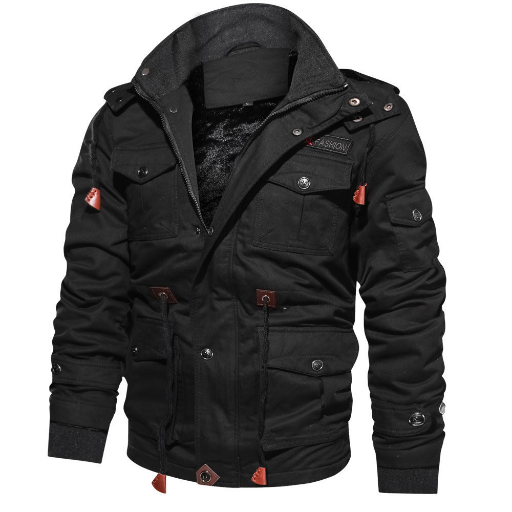 Winter Zip-up Coat Warm Thickened Detachable Hooded Jacket Multi-pocket  Button Drawstring Long Sleeve Tops Men&