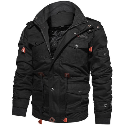 Winter Zip-up Coat Warm Thickened Detachable Hooded Jacket Multi-pocket  Button Drawstring Long Sleeve Tops Men&