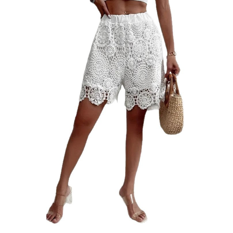 Lace Embroidered Elastic Waist Shorts - T&amp;A enterprises