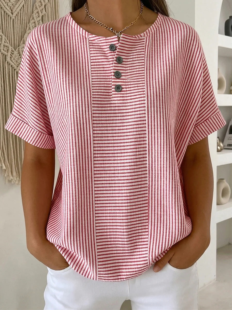 Casual Solid Color V-Neck Buttoned Striped Cotton-Linen T-Shirt - T&amp;A enterprises