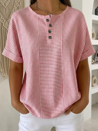 Casual Solid Color V-Neck Buttoned Striped Cotton-Linen T-Shirt - T&amp;A enterprises