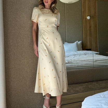Cream Yellow Floral Print Satin Midi Dress - T&amp;A enterprises