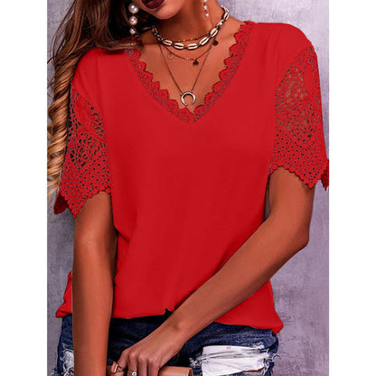Lace Tops Women Summer Loose V Neck Short Sleeve Casual Shirts - T&amp;A enterprises