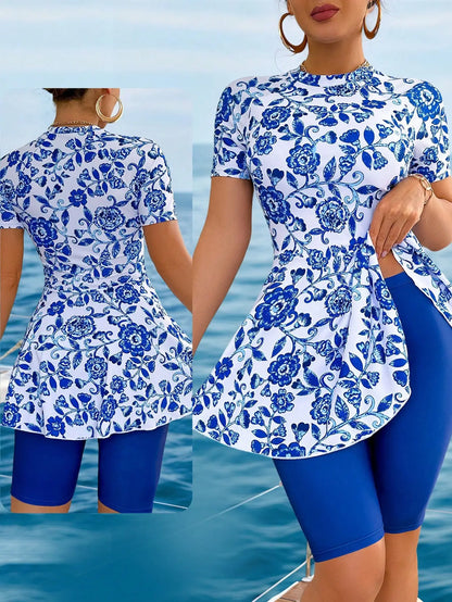 Elegant Blue And White Chinoiserie Print Peplum Jacket With Wide Leg Pants Two Piece Set For Beach Summer Holiday - T&amp;A enterprises