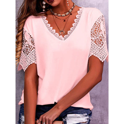 Lace Tops Women Summer Loose V Neck Short Sleeve Casual Shirts - T&amp;A enterprises