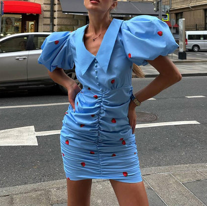 Blue Strawberry Print Ruched Mini Dress - T&amp;A enterprises
