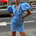 Blue Strawberry Print Ruched Mini Dress - T&A enterprises