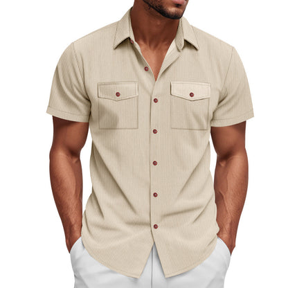 Loose Heavy Lapel Corduroy Workwear Short Sleeve Shirt - T&amp;A enterprises