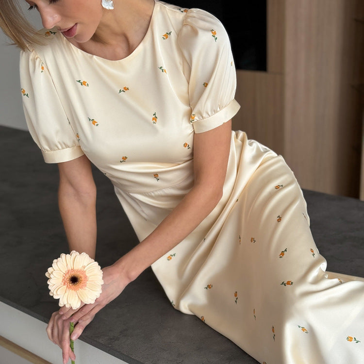 Cream Yellow Floral Print Satin Midi Dress - T&amp;A enterprises