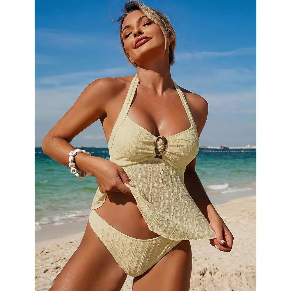 Halter Tankini Swimsuits for Women Lace O-Ring Cut Out Two Piece Tummy Control Swimsuits Bathing Suits - T&amp;A enterprises