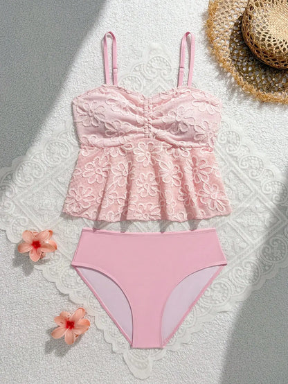 Blue Floral Tankini Set With Halter Neck And Ruffle Hem For Women