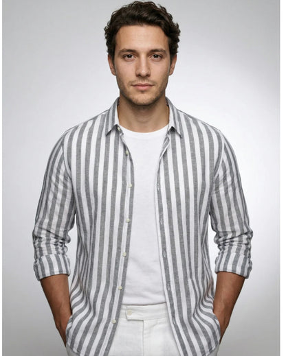 Striped Print Shirt Casual Loose Long-sleeved Shirt Men&