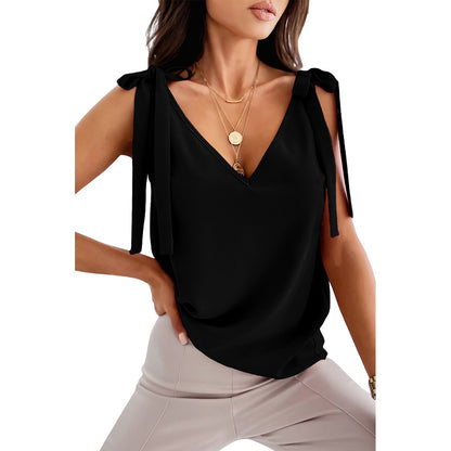 Bowknot Tie Up Camisole V-neck Shirts Women Summer Sleeveless Tank Tops - T&amp;A enterprises
