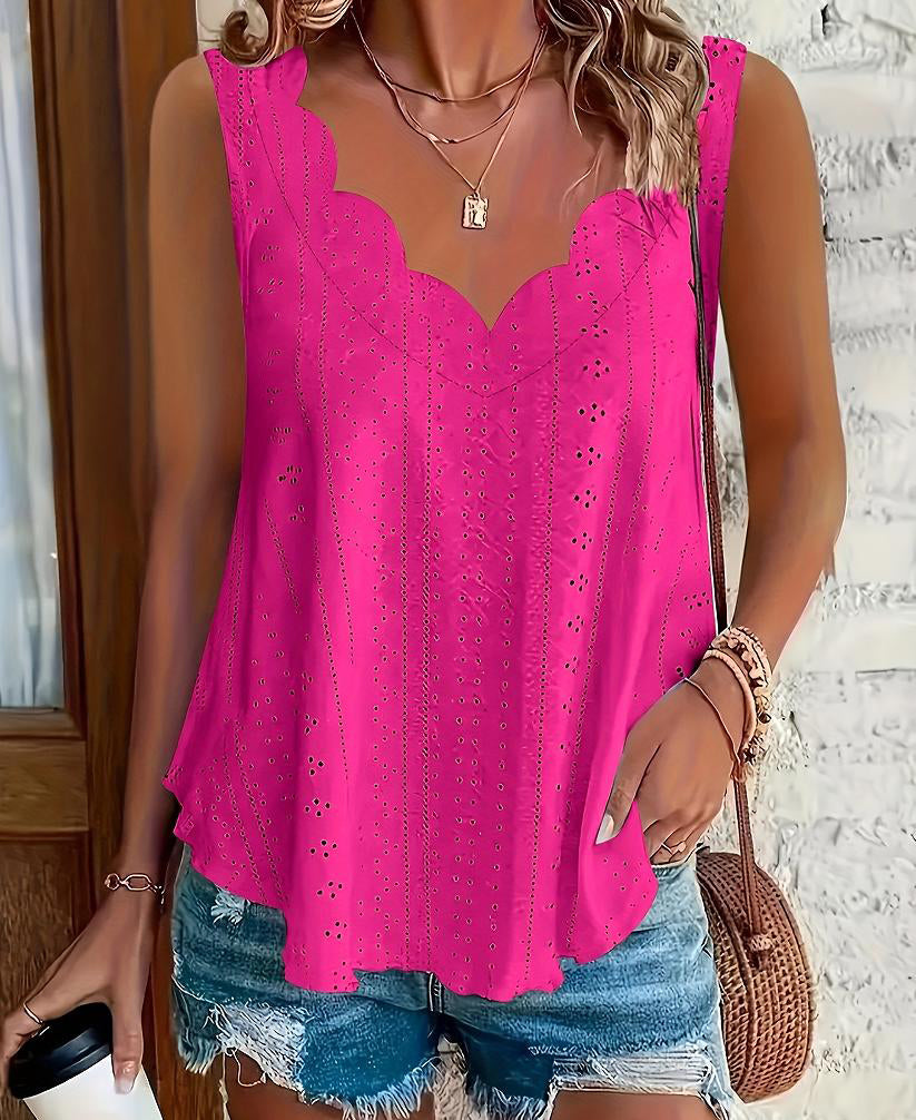 2026 Cross-border Spring And Summer New Style Independent Station Amazon Fashion Summer Plus Size Leisure Solid Color Scallop Edge V-Neck - T&amp;A enterprises