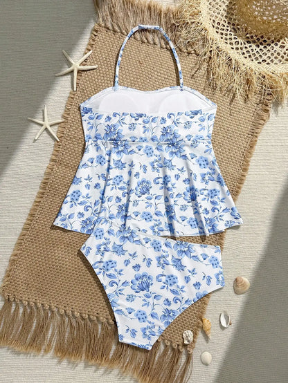Blue Floral Tankini Set With Halter Neck And Ruffle Hem For Women - T&amp;A enterprises
