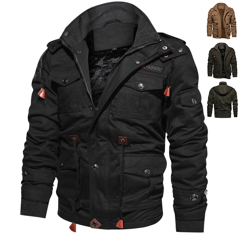 Winter Zip-up Coat Warm Thickened Detachable Hooded Jacket Multi-pocket  Button Drawstring Long Sleeve Tops Men&