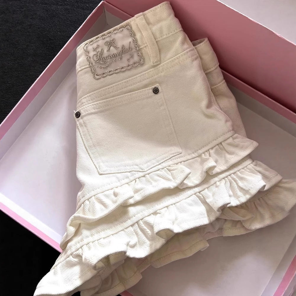 White Ruffled Panel Denim Shorts - T&amp;A enterprises