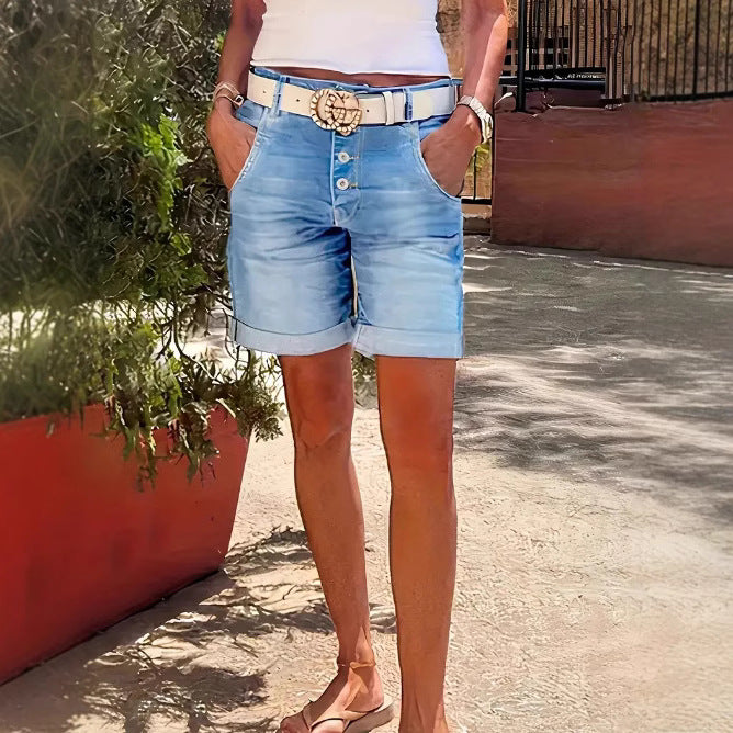 Womens High-Waist Denim Cropped Pants With Elastic Waist And Rolled Hem - T&amp;A enterprises