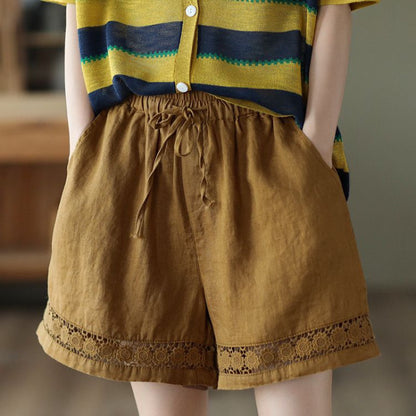 Thin Elastic-Waist Lace-up Hollowed-Out Casual Cotton-Linen Straight Pants - T&amp;A enterprises