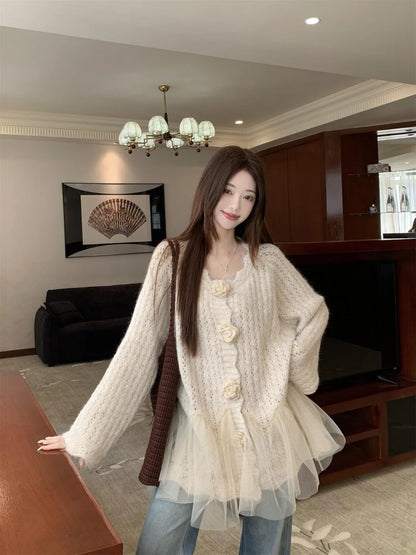 3D Floral Mesh Splicing Knitted Sweater Coat Women&