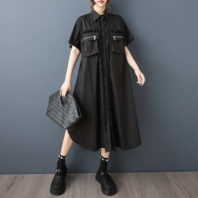 Tannt Women Dress Mesh Patchwork Color Matching Shirts Dresses Irregular Fashion Black White Summer Long Dresses 2025 New - T&amp;A enterprises