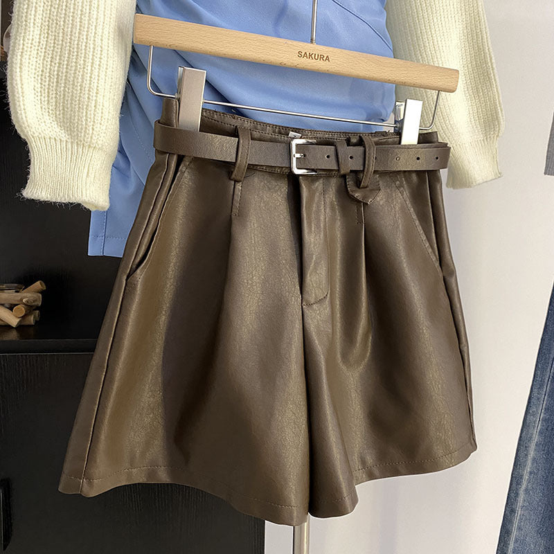 Black PU Leather Shorts A-line Wide-leg Pants - T&amp;A enterprises
