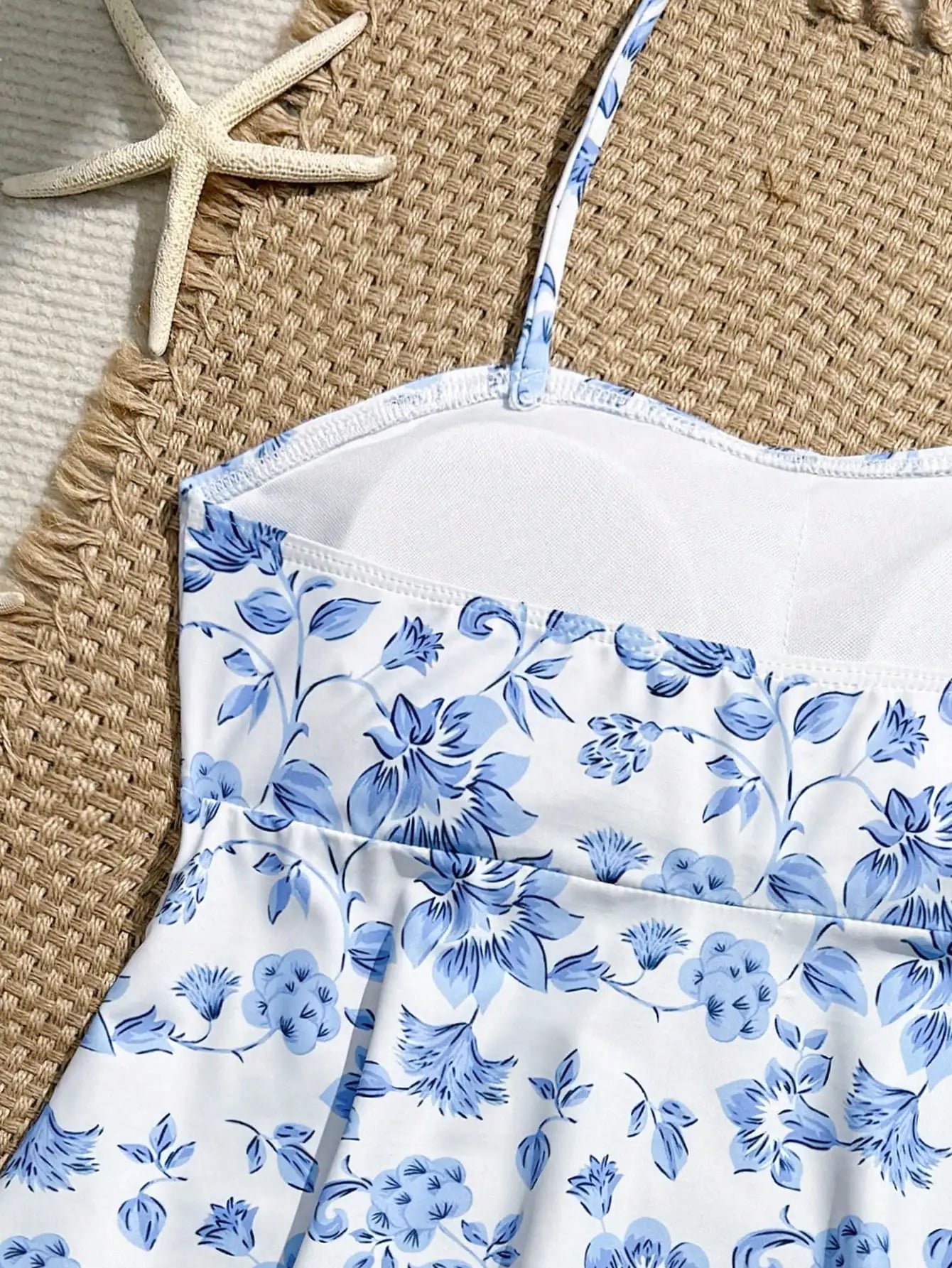 Blue Floral Tankini Set With Halter Neck And Ruffle Hem For Women - T&amp;A enterprises