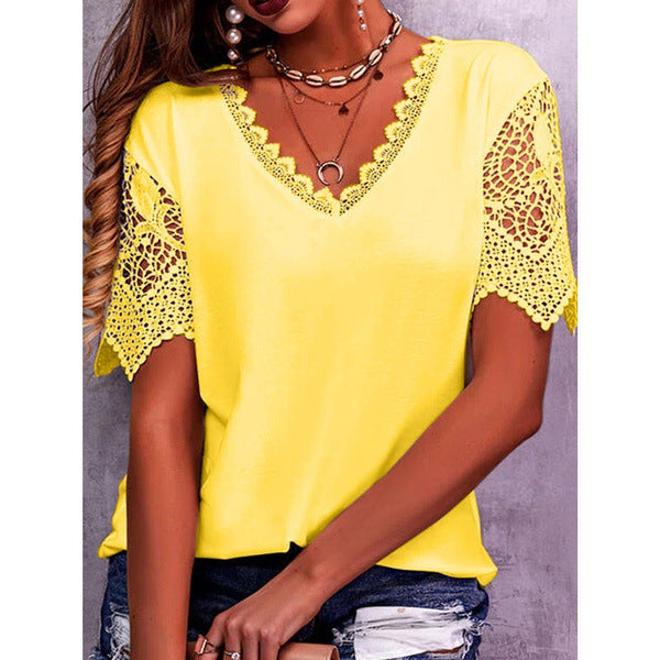 Lace Tops Women Summer Loose V Neck Short Sleeve Casual Shirts - T&amp;A enterprises