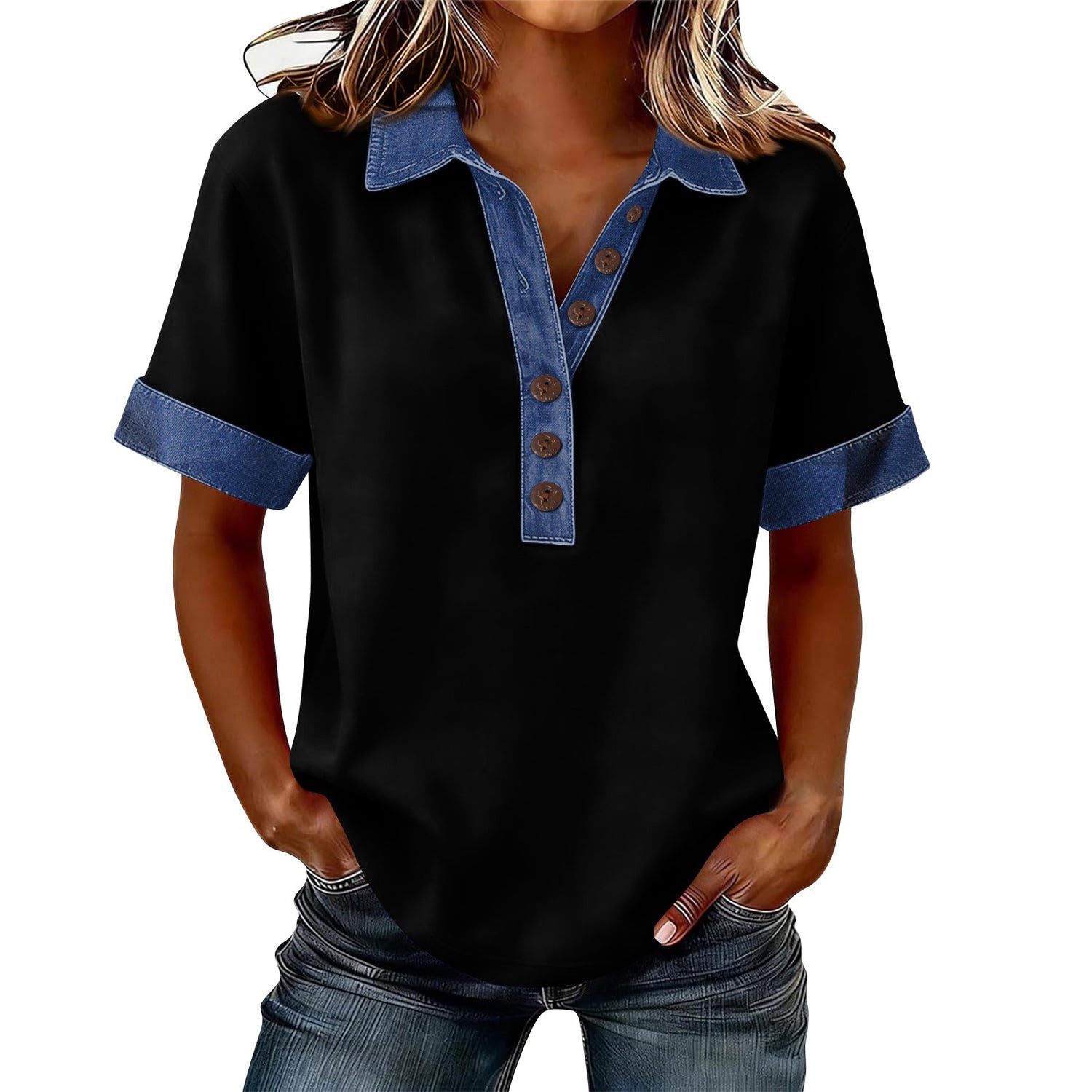 Summer New Denim Patchwork Polo Shirt - T&amp;A enterprises