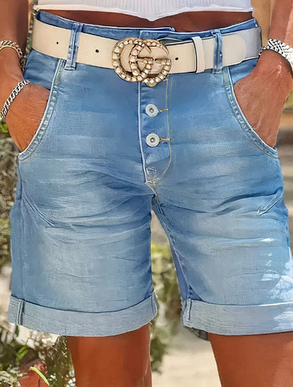 Womens High-Waist Denim Cropped Pants With Elastic Waist And Rolled Hem - T&amp;A enterprises