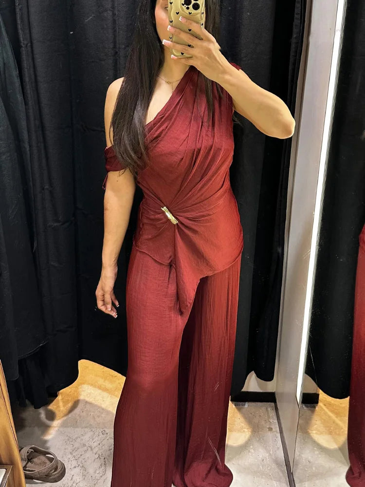 HH Women Elegant Pants Suit Dew Shoulder Golden Button Sleeveless Solid Short Top+Pleated High-Waisted Wide Leg Long Pant - T&amp;A enterprises