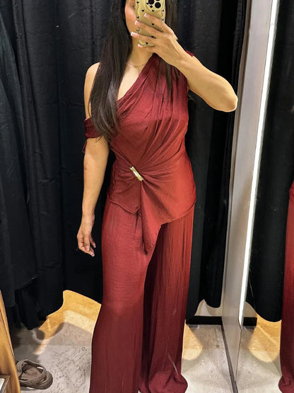 HH Women Elegant Pants Suit Dew Shoulder Golden Button Sleeveless Solid Short Top+Pleated High-Waisted Wide Leg Long Pant - T&amp;A enterprises