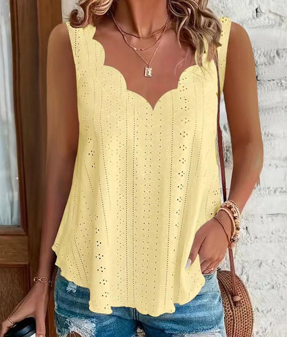2026 Cross-border Spring And Summer New Style Independent Station Amazon Fashion Summer Plus Size Leisure Solid Color Scallop Edge V-Neck - T&amp;A enterprises
