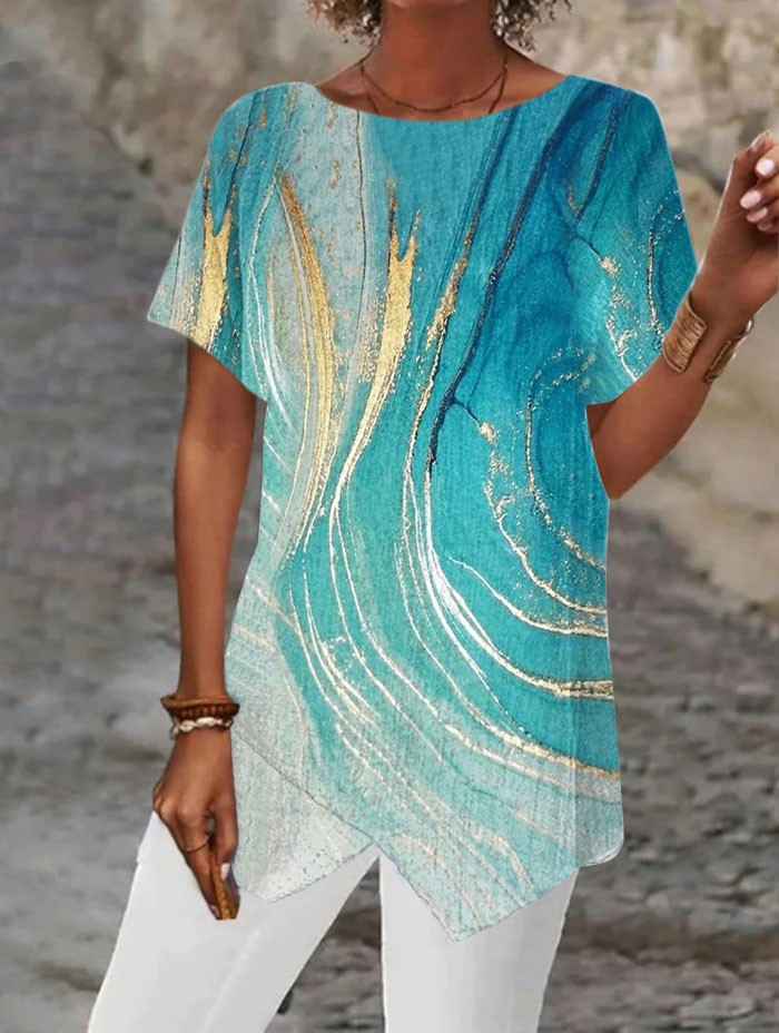 2026 European And American Summer Cross-border New Style Geometric Print Loose Short-sleeved T-shirt With Asymmetrical Hem - T&amp;A enterprises