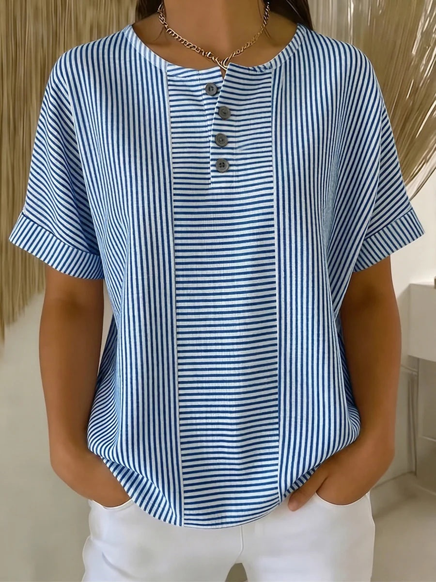 Casual Solid Color V-Neck Buttoned Striped Cotton-Linen T-Shirt - T&amp;A enterprises