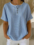 Casual Solid Color V-Neck Buttoned Striped Cotton-Linen T-Shirt - T&A enterprises